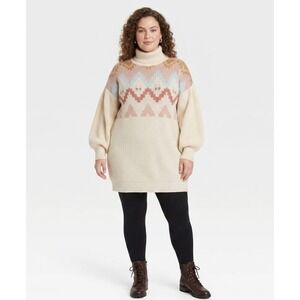 New SO size XXL Cream Boho Print Turtle Neck Puff Sleeve Tunic Sweater Cozy